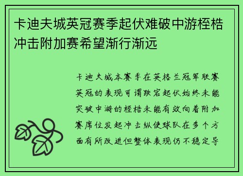 卡迪夫城英冠赛季起伏难破中游桎梏冲击附加赛希望渐行渐远